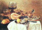 Pieter Claesz A ham, a herring, oysters, a lemon, bread, onions, grapes and a roemer oil painting reproduction